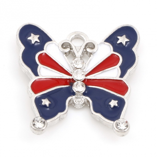 Picture of Zinc Based Alloy American Independence Day Charms Silver Tone Red & Blue Butterfly Animal Enamel Clear Rhinestone 23mm x 22mm, 5 PCs