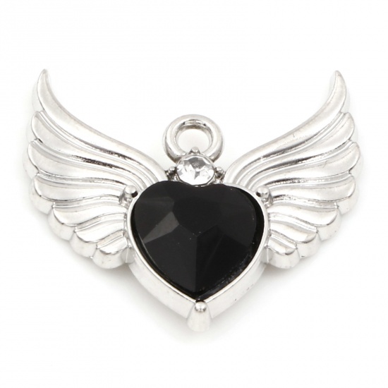 Immagine di Lega di Zinco San Valentino Charms Cuore Tono Argento Ali Nero Strass 22.5mm x 21mm , 5 Pz