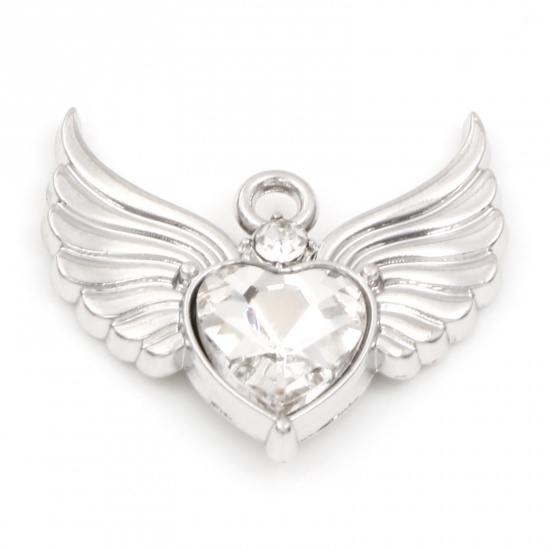 Immagine di Lega di Zinco San Valentino Charms Cuore Tono Argento Ali Trasparente Strass 22.5mm x 21mm , 5 Pz