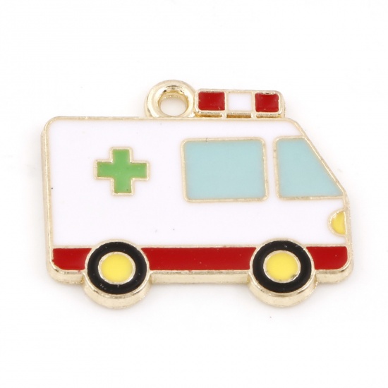Picture of Zinc Based Alloy Transport Charms Gold Plated Multicolor Ambulance Enamel 24.5mm x 21mm, 5 PCs