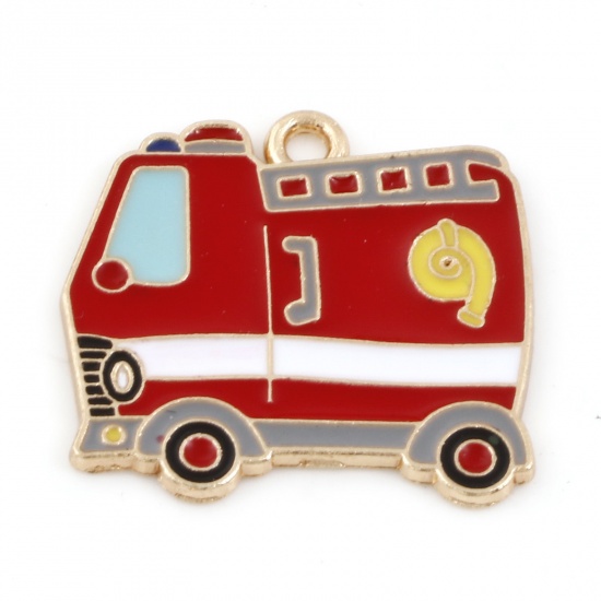 Picture of Zinc Based Alloy Transport Charms Gold Plated Multicolor Fireengine Enamel 25mm x 24mm, 5 PCs