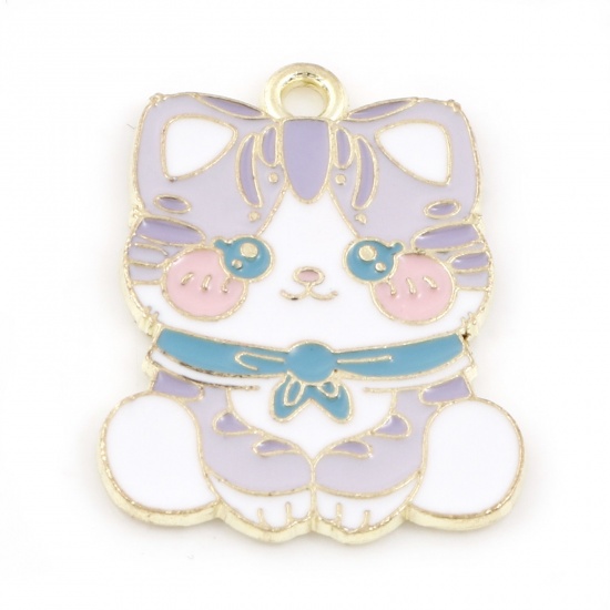 Picture of Zinc Based Alloy Charms Gold Plated Multicolor Cat Animal Enamel 27mm x 21mm, 5 PCs