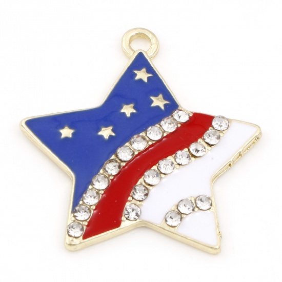 Picture of Zinc Based Alloy American Independence Day Pendants Gold Plated Red & Blue Pentagram Star Enamel Clear Rhinestone 3.1cm x 2.9cm, 5 PCs