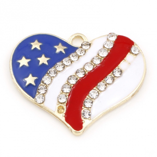 Picture of Zinc Based Alloy American Independence Day Charms Gold Plated Red & Blue Heart Enamel Clear Rhinestone 29mm x 25mm, 5 PCs