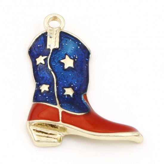 Picture of Zinc Based Alloy American Independence Day Pendants Gold Plated Red & Blue Boots Enamel 3.1cm x 2.4cm, 5 PCs