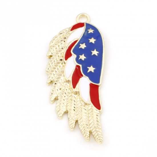 Picture of Zinc Based Alloy American Independence Day Pendants Gold Plated Red & Blue Wing Enamel 4.8cm x 1.9cm, 5 PCs