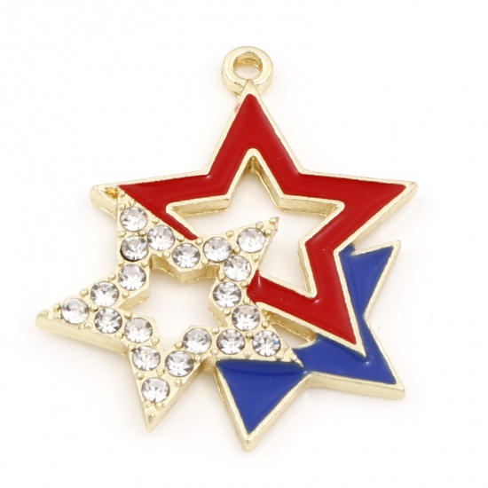 Picture of Zinc Based Alloy American Independence Day Pendants Gold Plated Red & Blue Pentagram Star Enamel Clear Rhinestone 3.2cm x 2.7cm, 5 PCs