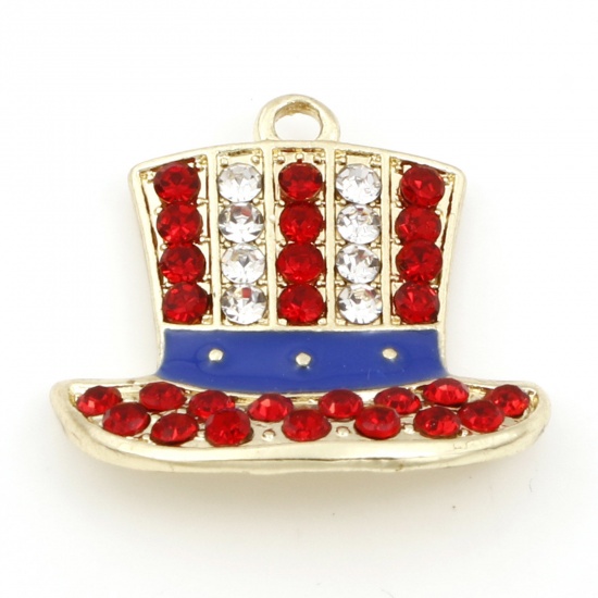 Picture of Zinc Based Alloy American Independence Day Charms Gold Plated Blue Hat Enamel Clear & Red Rhinestone 23mm x 23mm, 5 PCs