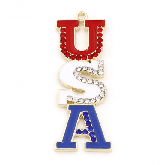 Picture of Zinc Based Alloy American Independence Day Pendants Gold Plated Blue Message " USA " Enamel Clear & Red Rhinestone 4.9cm x 1.8cm, 5 PCs
