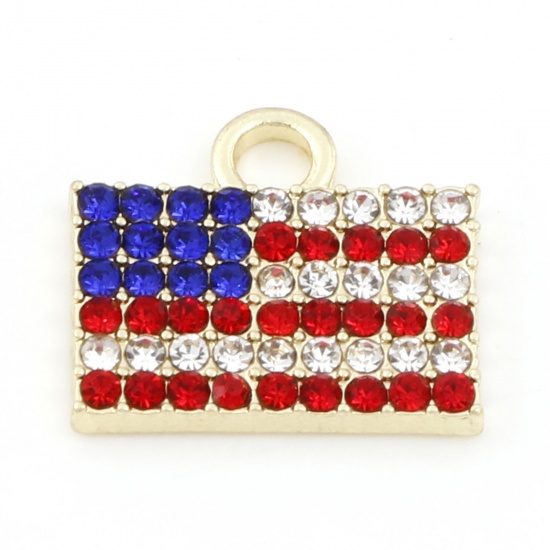 Picture of Zinc Based Alloy American Independence Day Charms Gold Plated Blue Flag Of The United States Enamel Clear & Red Rhinestone 17mm x 15mm, 5 PCs
