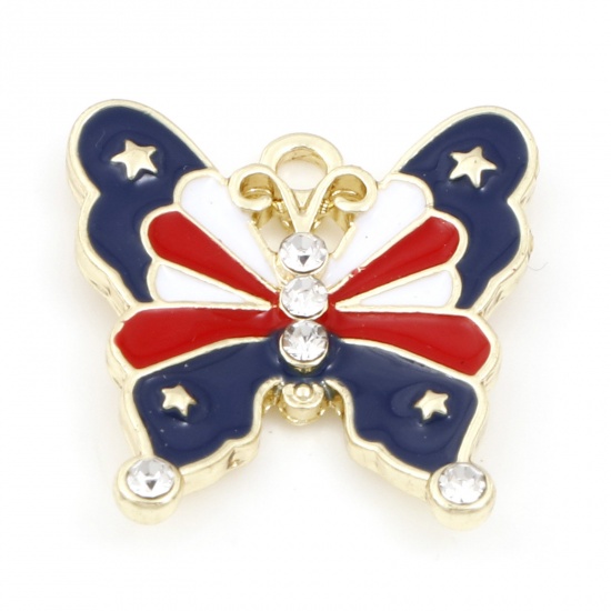 Picture of Zinc Based Alloy American Independence Day Charms Gold Plated Red & Blue Butterfly Enamel Clear Rhinestone 23mm x 22mm, 5 PCs