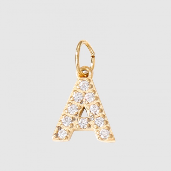 Picture of Eco-friendly Vacuum Plating 304 Stainless Steel Charms 14K Real Gold Plated Capital Alphabet/ Letter Message " A " Micro Pave 8mm Dia., 1 Piece