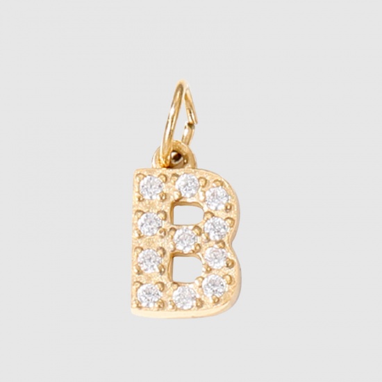 Picture of Eco-friendly Vacuum Plating 304 Stainless Steel Charms 14K Real Gold Plated Capital Alphabet/ Letter Message " B " Micro Pave 8mm Dia., 1 Piece