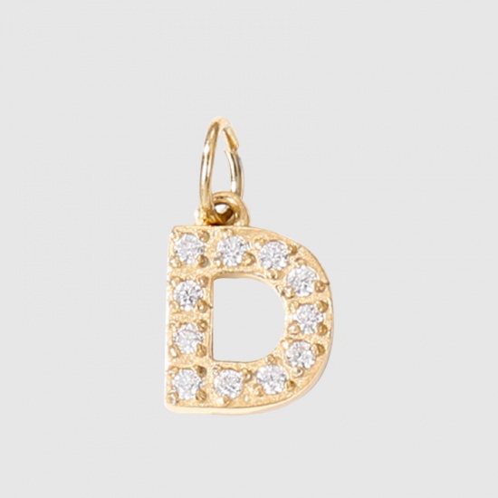 Picture of Eco-friendly Vacuum Plating 304 Stainless Steel Charms 14K Real Gold Plated Capital Alphabet/ Letter Message " D " Micro Pave 8mm Dia., 1 Piece