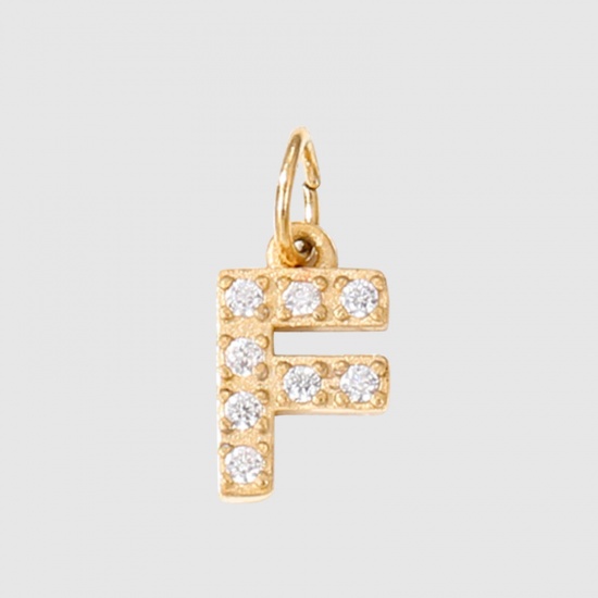 Picture of Eco-friendly Vacuum Plating 304 Stainless Steel Charms 14K Real Gold Plated Capital Alphabet/ Letter Message " F " Micro Pave 8mm Dia., 1 Piece