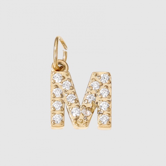 Picture of Eco-friendly Vacuum Plating 304 Stainless Steel Charms 14K Real Gold Plated Capital Alphabet/ Letter Message " M " Micro Pave 8mm Dia., 1 Piece