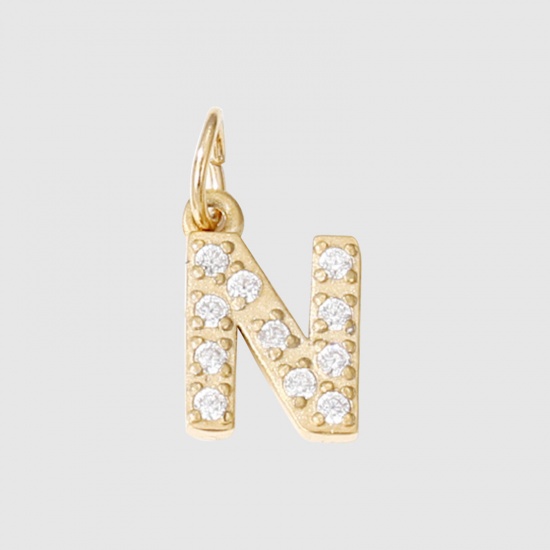 Picture of Eco-friendly Vacuum Plating 304 Stainless Steel Charms 14K Real Gold Plated Capital Alphabet/ Letter Message " N " Micro Pave 8mm Dia., 1 Piece