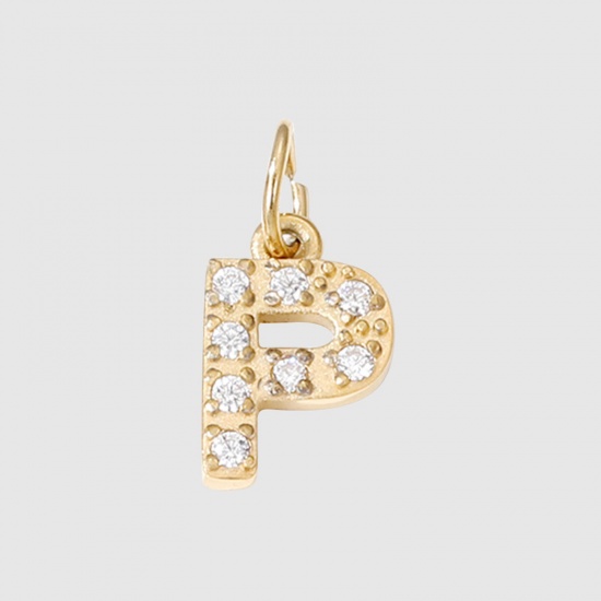 Picture of Eco-friendly Vacuum Plating 304 Stainless Steel Charms 14K Real Gold Plated Capital Alphabet/ Letter Message " P " Micro Pave 8mm Dia., 1 Piece