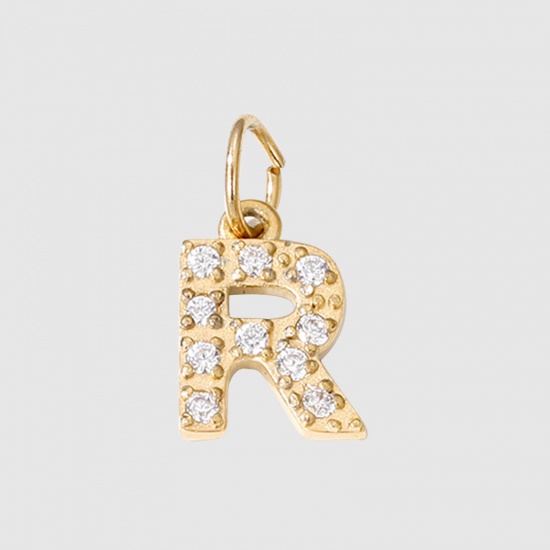 Picture of Eco-friendly Vacuum Plating 304 Stainless Steel Charms 14K Real Gold Plated Capital Alphabet/ Letter Message " R " Micro Pave 8mm Dia., 1 Piece