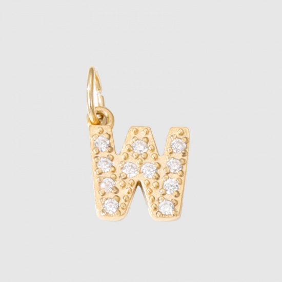 Picture of Eco-friendly Vacuum Plating 304 Stainless Steel Charms 14K Real Gold Plated Capital Alphabet/ Letter Message " W " Micro Pave 8mm Dia., 1 Piece