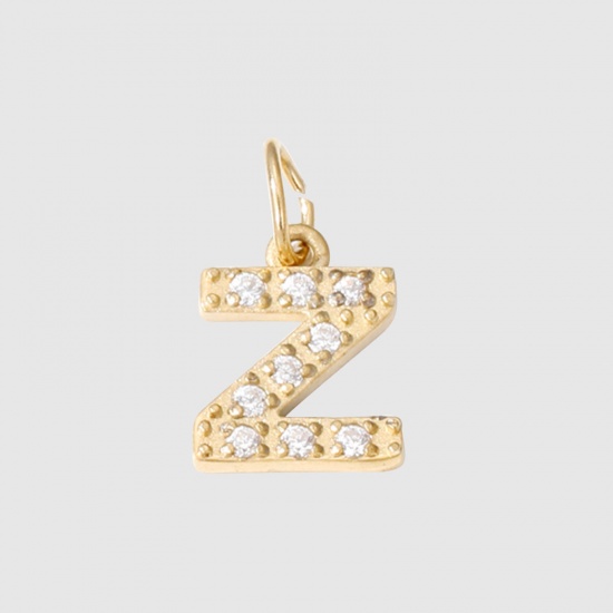 Picture of Eco-friendly Vacuum Plating 304 Stainless Steel Charms 14K Real Gold Plated Capital Alphabet/ Letter Message " Z " Micro Pave 8mm Dia., 1 Piece