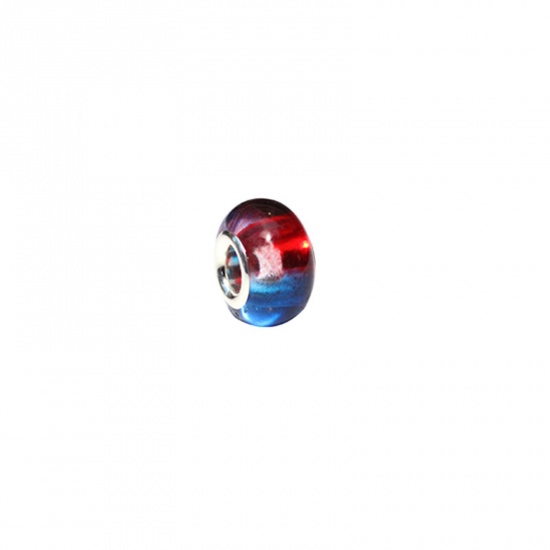 Picture of Resin European Style Large Hole Charm Beads Red & Blue Round Gradient Color 14mm x 9mm, Hole: Approx 5mm, 20 PCs