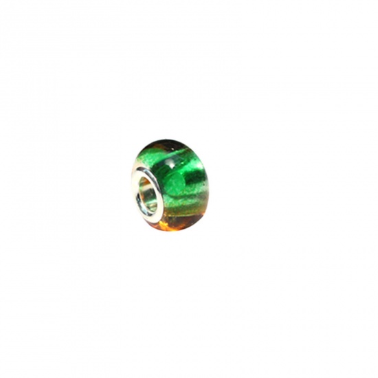 Picture of Resin European Style Large Hole Charm Beads Green & Yellow Round Gradient Color 14mm x 9mm, Hole: Approx 5mm, 20 PCs