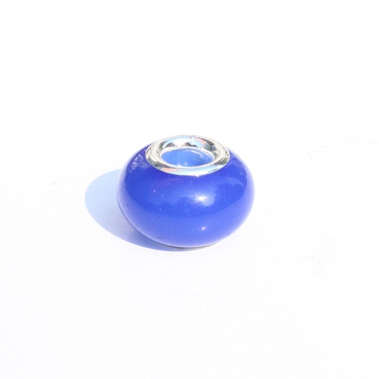 Image de Perles à Gros Trou de Style Européen en Résine Bleu Foncé Rond Brille dans le Noir Lumineux 14mm x 9mm, Trou: Environ 5mm, 20 Pcs
