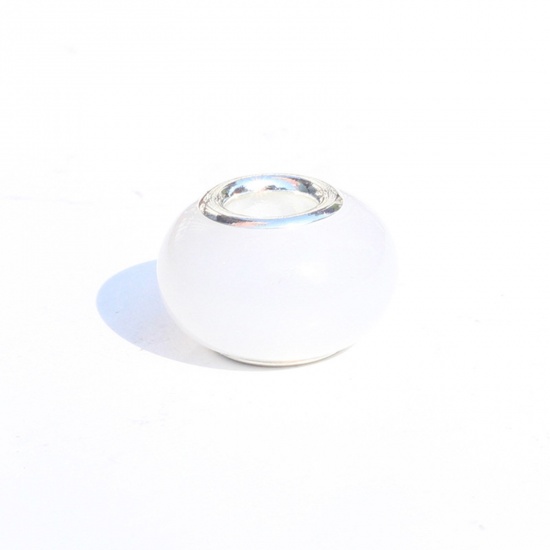 Image de Perles à Gros Trou de Style Européen en Résine Blanc Rond Brille dans le Noir Lumineux 14mm x 9mm, Trou: Environ 5mm, 20 Pcs