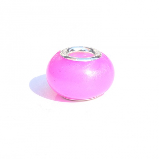 Picture of Resin European Style Large Hole Charm Beads Fuchsia Round Glow In The Dark Luminous 14mm x 9mm, Hole: Approx 5mm, 20 PCs