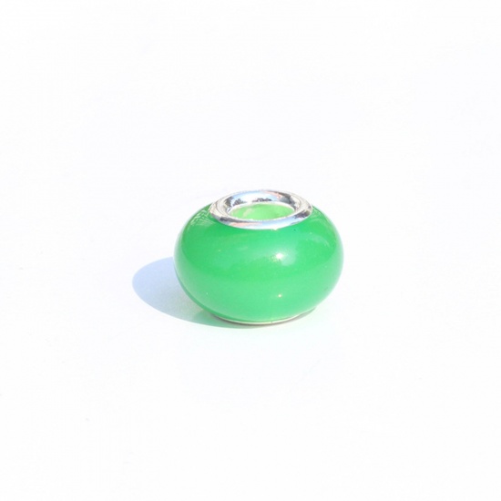Image de Perles à Gros Trou de Style Européen en Résine Vert Rond Brille dans le Noir Lumineux 14mm x 9mm, Trou: Environ 5mm, 20 Pcs