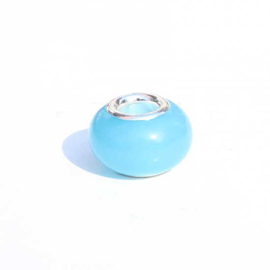 Image de Perles à Gros Trou de Style Européen en Résine Bleu Lac Rond Brille dans le Noir Lumineux 14mm x 9mm, Trou: Environ 5mm, 20 Pcs