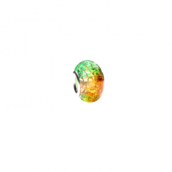 樹脂 ヨーロピアン風 ラージホールチャームビーズ 大穴ビーズ 緑 + オレンジ色 円形 亀裂 グラデーションカラー 14mm 直径、 穴：約 5mm、 20 個 の画像