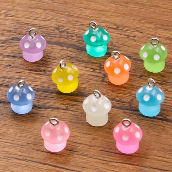 Picture of Resin Charms Mushroom Silver Tone At Random Color Mixed Transparent 3D 16mm x 12mm, 10 PCs