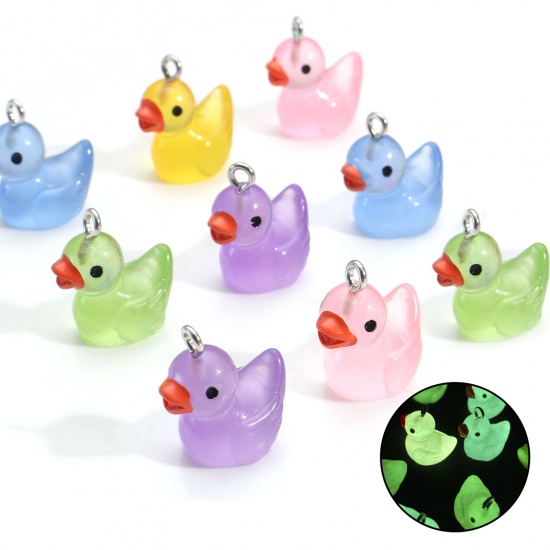 Picture of Resin 3D Charms Duck Animal Silver Tone At Random Mixed Color Transparent Glow In The Dark Luminous 20mm x 19mm, 10 PCs