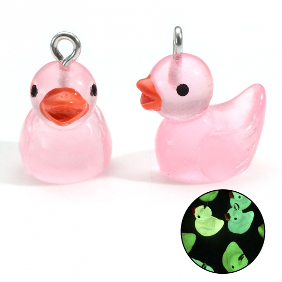 Picture of Resin 3D Charms Duck Animal Silver Tone Pink Transparent Glow In The Dark Luminous 20mm x 19mm, 10 PCs
