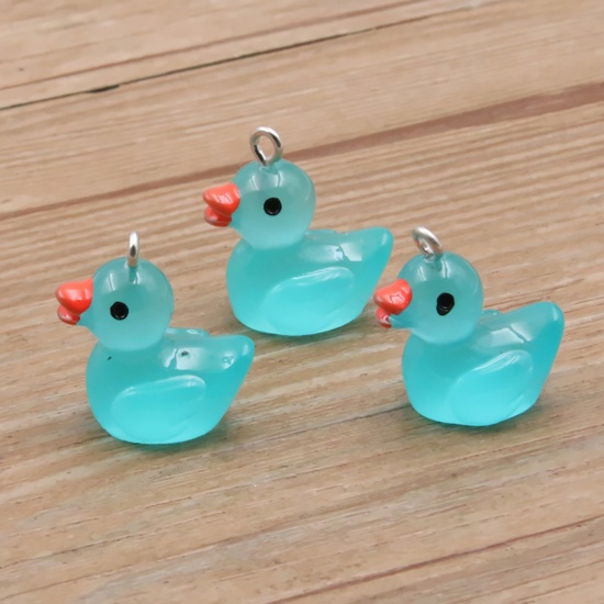 Picture of Resin 3D Charms Duck Animal Silver Tone Blue Transparent Glow In The Dark Luminous 20mm x 19mm, 10 PCs