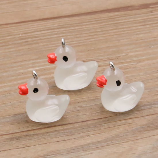 Picture of Resin 3D Charms Duck Animal Silver Tone White Transparent Glow In The Dark Luminous 20mm x 19mm, 10 PCs