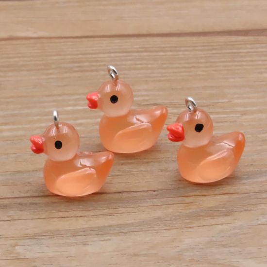 Picture of Resin 3D Charms Duck Animal Silver Tone Orange Transparent Glow In The Dark Luminous 20mm x 19mm, 10 PCs