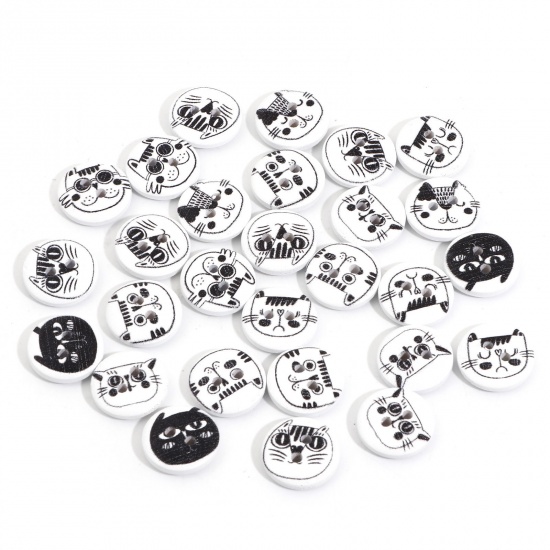 Picture of Wood Sewing Buttons Scrapbooking 2 Holes Cat Animal Black & White At Random Mixed 15mm Dia., 100 PCs