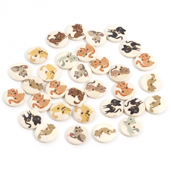 Picture of Wood Sewing Buttons Scrapbooking 2 Holes Cat Animal Multicolor At Random Mixed 15mm Dia., 100 PCs