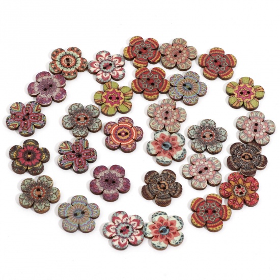 Picture of Wood Ethnic Sewing Buttons Scrapbooking 2 Holes Flower At Random Color Mixed At Random 20mm x 19mm, 50 PCs