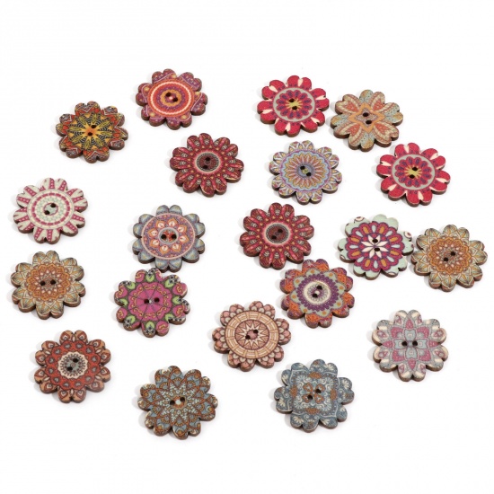 Picture of Wood Ethnic Sewing Buttons Scrapbooking 2 Holes Flower At Random Color Mixed At Random 25mm x 24mm, 50 PCs