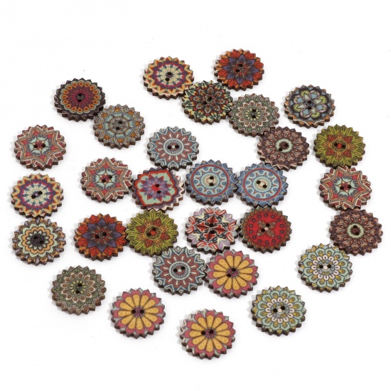 Picture of Wood Ethnic Sewing Buttons Scrapbooking 2 Holes Flower At Random Color Mixed At Random 20mm Dia., 50 PCs