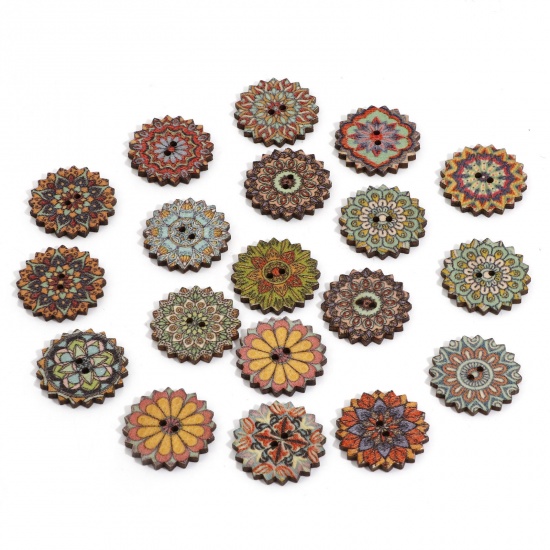 Picture of Wood Ethnic Sewing Buttons Scrapbooking 2 Holes Flower At Random Color Mixed At Random 24mm Dia., 50 PCs