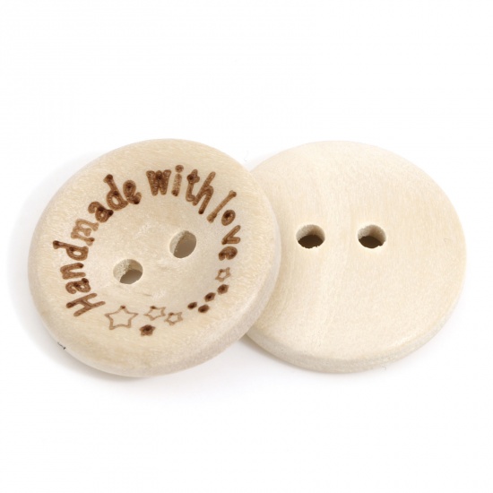 Picture of Wood Sewing Buttons Scrapbooking 2 Holes Round Creamy-White Star Message " Hand Made With Love " 20mm Dia., 50 PCs