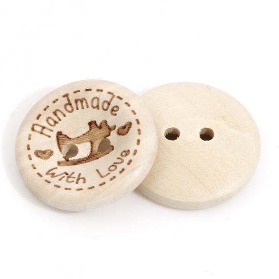 Picture of Wood Sewing Buttons Scrapbooking 2 Holes Round Creamy-White Sewing Machine Message " Hand Made With Love " 20mm Dia., 50 PCs