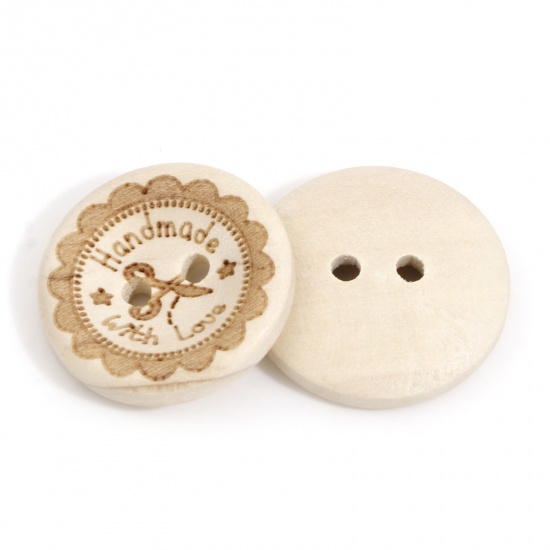 Picture of Wood Sewing Buttons Scrapbooking 2 Holes Round Creamy-White Scissors Message " Hand Made With Love " 20mm Dia., 50 PCs