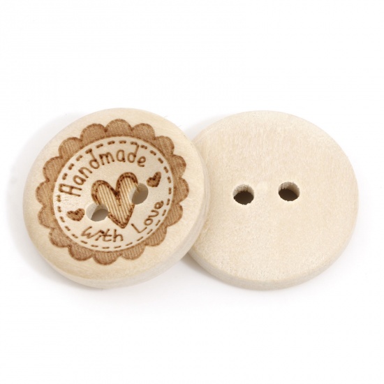 Picture of Wood Sewing Buttons Scrapbooking 2 Holes Round Creamy-White Heart Message " Hand Made With Love " 20mm Dia., 50 PCs