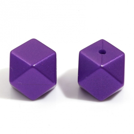 Picture of Silicone Spacer Beads For DIY Charm Jewelry Making Single Hole Cube Purple Metallic Faceted About 14mm x 14mm, Hole: Approx 2.2mm, 10 PCs